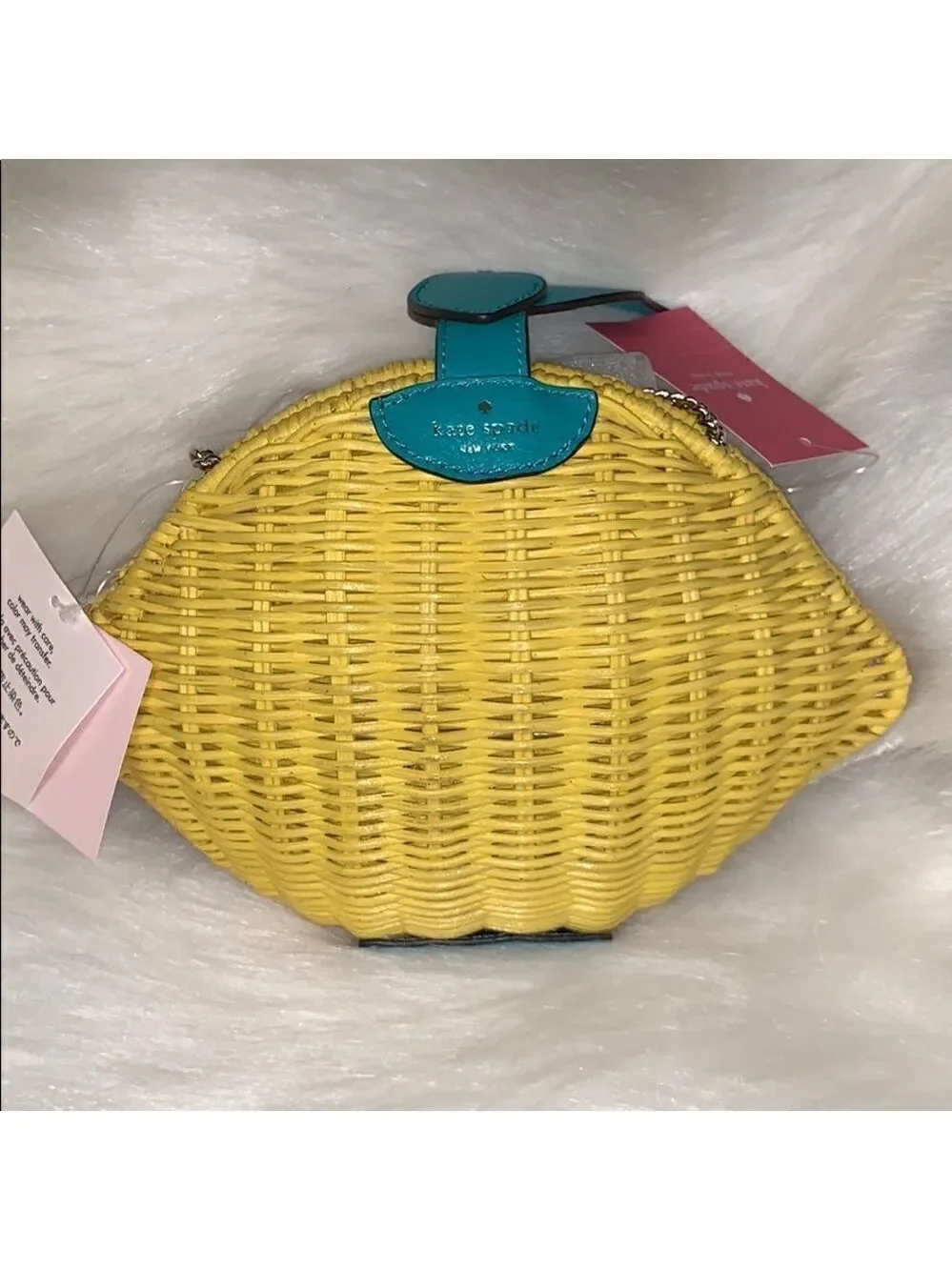 YELLOW AND GREEN KATE SPADE PICNIC PERFECT LEMON WICKER CROSSBODY BAG SUMMER
